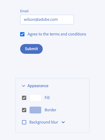 Key example of an emphasized checkbox. The first checkbox in a form is emphasized (blue) and the two other checkbox are gray as they are located in an application panel. 