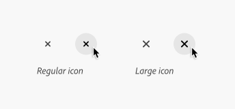 Key example of two medium-sized close buttons in their default and hover states showing the icon sizes in regular and large.