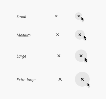 Key example of four close buttons in their default and hover states showing the size options available including small, medium, large, and extra-large. The hover state has a visible circle showing the button’s bounds.