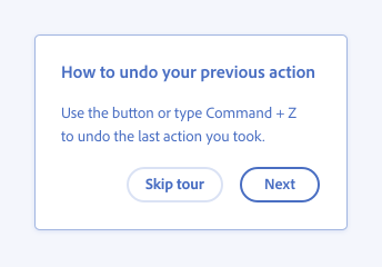 Key example showing incorrect usage of a concise title for coach marks. A coach mark message with a body text and the buttons "skip tour" and "next" features the long title "How to undo your previous action".
