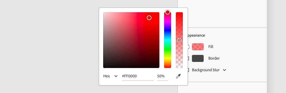 An example of color area as part of a color picker being used to set a fill color along with a color gradient slider, transparency slider, and text field for manual color entry.