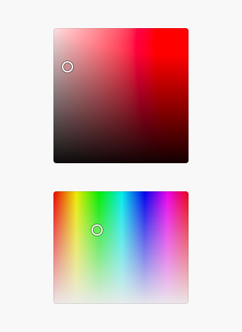 Key example showing two color areas: one demonstrating use for selecting saturation on the horizontal axis and brightness on the vertical axis, the other demonstrating use for selecting hue on the horizontal axis and brightness on the vertical axis.