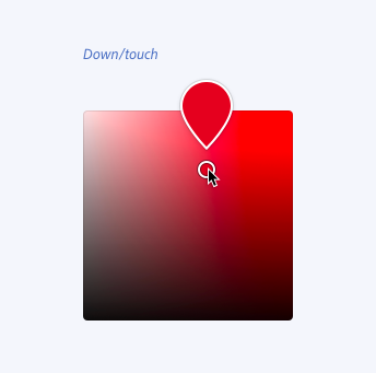 A key example of the color loupe component showing a selected color from the color area that would otherwise be hidden by the cursor on down/touch state.