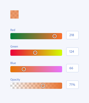 Key example of a color swatch above three color sliders being used to select values for red, green, and blue color channels and one color slider for transparency.