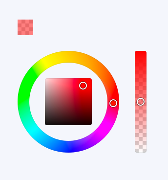 Key example of a color swatch above a color wheel and transparency slider correctly representing their combined values.