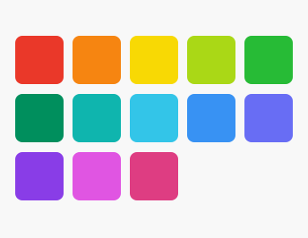 Row of squares colored red, orange, yellow, chartreuse, celery, green, seafoam, cyan, blue, indigo, purple, fuchsia, and magenta.