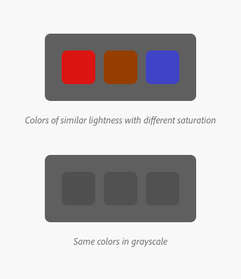 Row of colored squares red, deep orange, and dark indigo with similar lightness and saturation values. A row of colors below the first demonstrating each color in its grayscale equivalent.