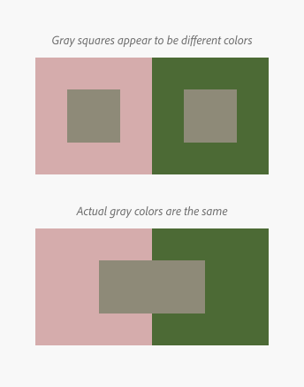 An example of simultaneous contrast. First, two gray squares are centered within a pink and moss green square, respectively. Next, the gray squares are displayed side by side to reveal they are the same value.