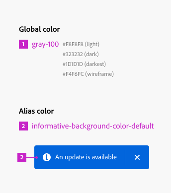Example of token specs for color tokens. Global color token gray-100 is hex values #F8F8F8 for lightest theme, #323232 for dark theme, #1D1D1D for darkest theme, and #F4F6FC for wireframe theme.