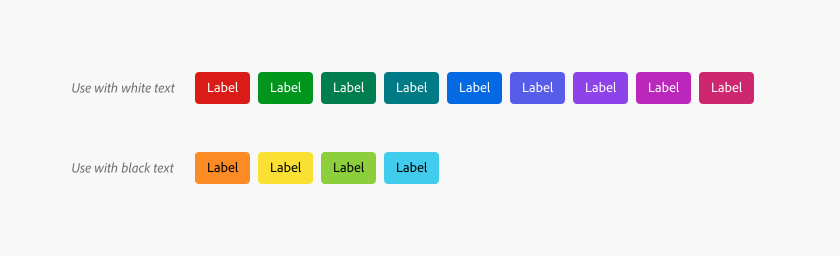 Key example illustrating Badge component with a generic label, Label, colored backgrounds and white text, except orange, yellow, chartreuse, and cyan which have black text.