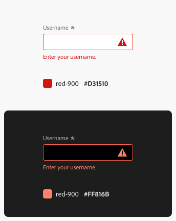 Theme-specific color tokens return different color values based on theme. Example of a text field, label Username, with an error message and icon.
