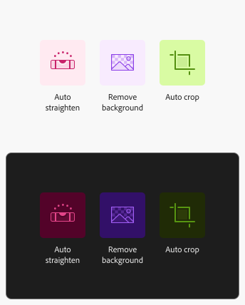 Key example of components using two-tone background colors with two-tone foreground colors for iconography. Four actions with icons, labels Auto straighten, Remove background, Auto crop, Export to PNG.