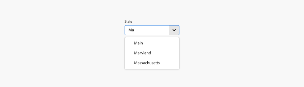 A combo box in focus with the label State and the menu open to show three available search options Main, Maryland, and Massachusetts.