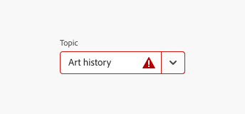 A combo box labeled Topic with value Art history shows a red border and a red alert icon in its input field to show that it is in an error state.
