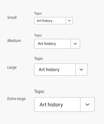 Key example of four combo boxes with top labels showing the size options available including small, medium, large, and extra-large. UI text is: label, Topic. Selected option, Art history.