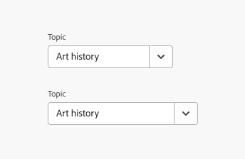 Key example showing combo boxes with customizable width. Both examples are labeled Topic, with value Art history, but the second example is wider than the first.