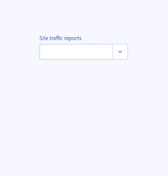 Key example of immediately launching a combo box menu. An animation shows a cursor click the input field of a component labeled Site traffic reports which triggers the immediate display of a menu with the options REPORT B17-308, REPORT B17-309, REPORT B17-341, and REPORT B17-344.
