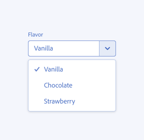 Key example of a combo box that correctly uses concise language. A component labeled Flavor has the value Vanilla. A menu is open showing the options Vanilla, Chocolate, and Strawberry. The Vanilla option is selected.