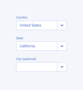 A series of combo boxes correctly denoting optional or required on a minority of items. The first component has label Country and value text United States. The second has a label State and the value text California. The third has a label City (optional) and no value text.
