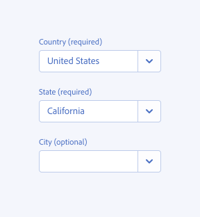 A series of combo boxes incorrectly denoting optional or required on the majority of items. The first component has label Country (required) and value text United States. The second has a label State (required) and the value text California. The third has a label City (optional) and no value text.