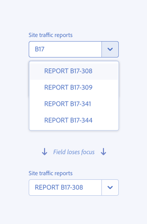 Key example of incorrectly saving an autocomplete suggestion. A focused component labeled Site traffic reports has the value B17. A menu is open to show options REPORT B17-308, REPORT B17-309, REPORT B17-341, and REPORT B17-344. The first menu item is being hovered over but is not selected. A caption indicates that the field loses focus, resulting in an unfocused component with title Site traffic reports and value REPORT B17-308, which incorrectly saved a value that was hovered but not selected.