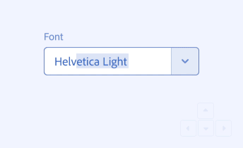Key example of a combo box that suppresses the display of its menu. A component labeled Font has the value Helv. An animation shows the down arrow key being pressed to repeatedly cycle through autocomplete options Helvetica Light, Helvetica Regular, Helvetica Medium, Helvetica Bold, and Helvetica Black. This interaction modifies the value of the combo box without opening a menu.