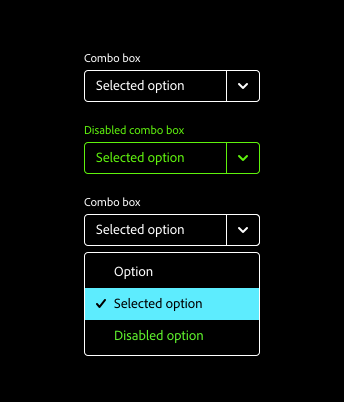 Key example of combo boxes in Windows “high contrast black” theme with label “Combo box”, disabled combo box with label “Disabled combo box”, and selected combo box with menu displaying options labeled “Option”, “Selected option” in selected state, and “Disabled option” in disabled state.
