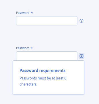 Key examples showing incorrect usage of help text and contextual help with info icon. First example, required text field label Password. No help text. Second example, required text field label Password. Contextual help info icon, title Password requirements, description Passwords must be at least 8 characters.