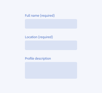 Key example of incorrect usage of marking fields as required or optional. Three inputs, labels Full name, Location, Profile description. Full name and Location fields have text “(required)" at the end of the field labels.