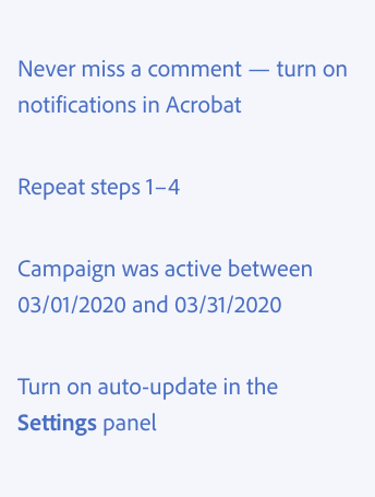 Key example of using hyphens and dashes. 4 examples of correct usage. Never miss a comment — turn on notifications in Acrobat. Repeat steps 1-4. Campaign was active between 03/01/2020 and 03/31/2020. Turn on auto-update in the Settings panel.