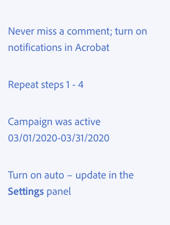 Key example of using hyphens and dashes. 4 examples of incorrect usage. Never miss a comment; turn on notifications in Acrobat. Repeat steps 1 - 4. Campaign was active 03/01/2020-03/31/2020. Turn on auto - update in the Settings panel.