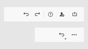 Key example showing behavior of collapsing action buttons in a header. Icons of actions Forward, Backward, Help, Add reviewer, Share collapse to one tool, label Back.