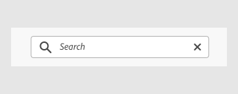Key example showing behavior of search icon in a header. Standalone Search icon expands to full field, prompt label Search and dismiss icon.