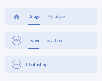 Key example showing correct usage of header home icon or branding in three ways. Home icon with two tabs, labels Design and Prototype. Sample brand icon with two tabs, labels Home and Your files. Sample brand icon with application name, no tabs.