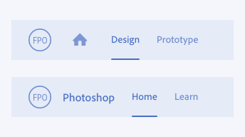 Key example showing incorrect usage of header home icon or branding in two ways. Sample brand icon with home icon and two tabs, labels Design and Prototype. Sample brand icon with application name, two tabs labels Home and Learn.