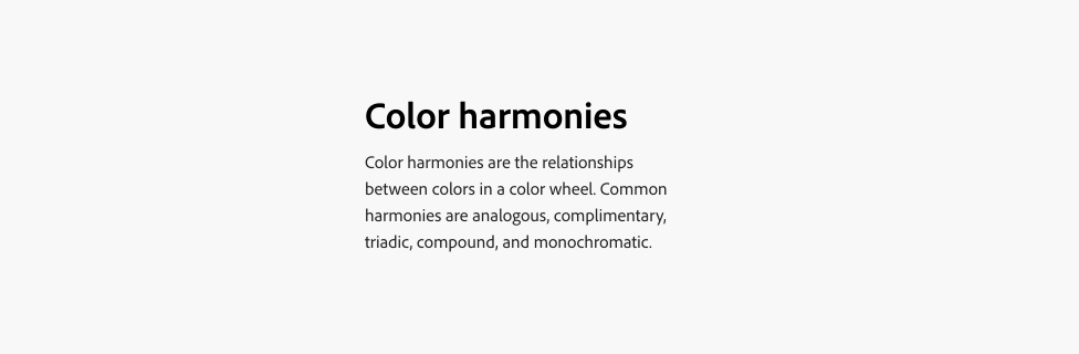 Heading text, Color harmonies, shown above body text describing color harmonies as relationships in a color wheel.