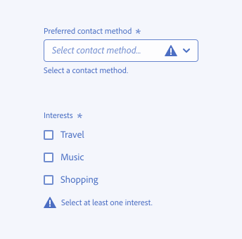 Key example of correct usage of the optional icon. 2 examples. First example, a required picker in an error state with the icon inside the picker field, label Preferred contact method. Help text error message, Select a contact method. Second example, a required checkbox group in an error state with the icon accompanying the error message. Checkbox group label, Interests. 3 checkboxes, labels Travel, Music Shopping. Error message, Select at least one interest.