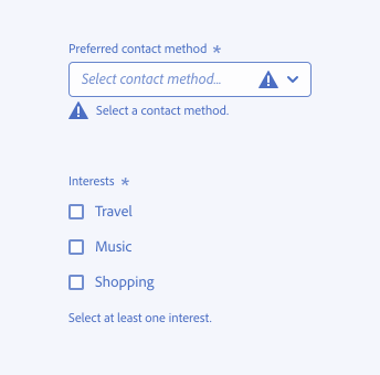 Key example of incorrect usage of the optional icon. 2 examples. First example, a required picker in an error state with the icon inside the picker field, label Preferred contact method. Help text error message, Select a contact method, with another icon in-line with the error message. Second example, a required checkbox group in an error state but with no icon accompanying the error message. Checkbox group label, Interests. 3 checkboxes, labels Travel, Music Shopping. Error message, Select at least one interest.