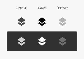 Key example showing the same icon for "Layers" for light and dark color themes and three states: default, hover, disabled.
