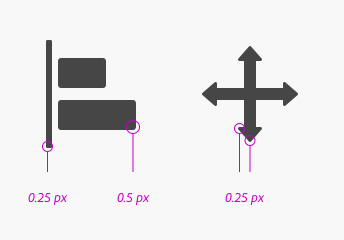 Key example showing how angles on icons are given a rounding treatment of 0.25 pixels or 0.5 pixels.