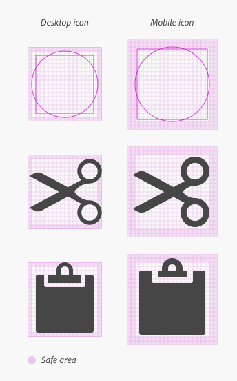 Key example showing safe areas, in pixels, for three icons in both desktop and mobile sizes. Icons are "Circle," "Cut," and "Clipboard."