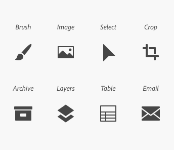 Key example showing eight icons and labeled metaphors. Brush, Image, Select, Crop, Archive, Layers, Table, Email.