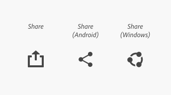 Key example of three different platform icons for the same metaphor of "Share." Platform agnostic, Android, and Windows versions.