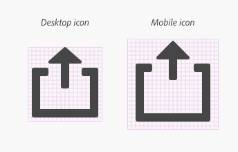 Key example showing the same icon, "Export," for desktop and mobile scales.