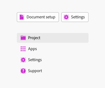 Key example showing various workflow icons used in buttons and a menu. Labels Document setup, Settings, Project, Apps, Settings, Support.