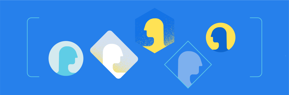 Illustration of five people in profile, in conversation with each other. Blue background and highlights of yellow, gray, and blue, with circle and square shapes around each of the figures.