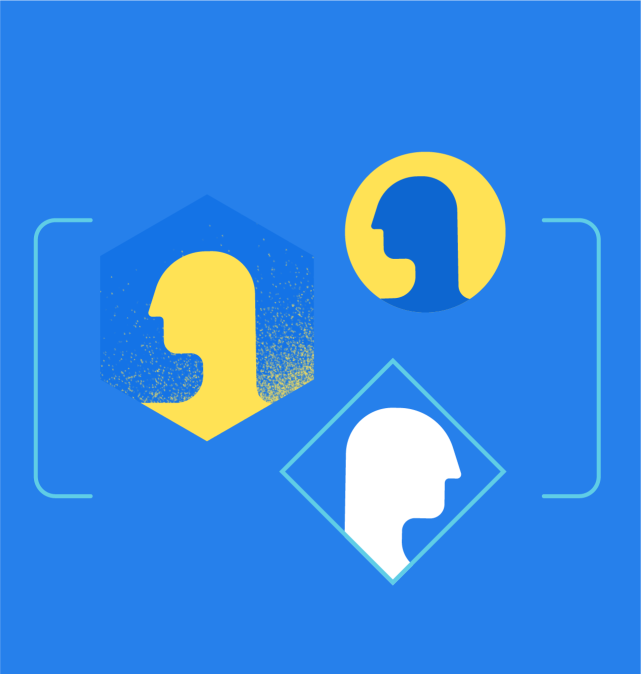 Illustration of five people in profile, in conversation with each other. Blue background and highlights of yellow, gray, and blue, with circle and square shapes around each of the figures.
