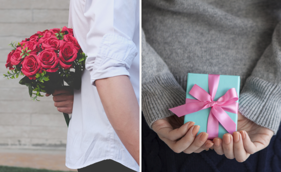 Two images of people holding gifts of red roses and a small box of chocolates with a pink bow.