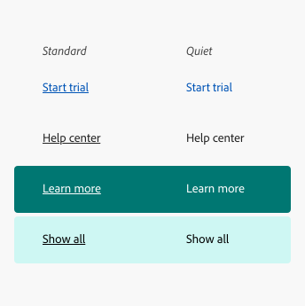 An example of using quiet links in text to call attention to a link. Example text says, “Start trial” for primary links, “Help center” for secondary links, “Learn more” for static color links in white, and “Show all” for static color links in black.