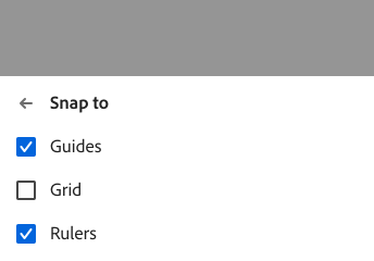 Example showing tray submenu behavior. A menu option labeled Snap to has 3 items in its submenu with multiple selection, labels Guides, Grid, Rulers. Guides and Rulers are selected.